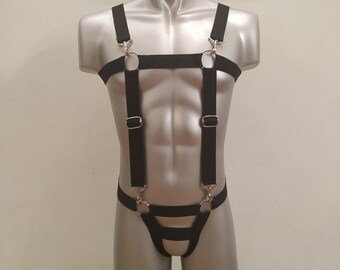 Black Stone Herren Elastischer Brustgurt mit Jock Strap Höschen - Ganzkörpergurt - Bondage Elastischer Gurt - Elastische Hosenträger