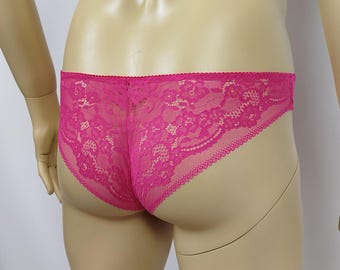 Bright Pink Mens Crossdresser Cheeky Panty, Sheer Panties for Men, Femboy Lingerie, Sheer Lace Panties, Panties for Sissy, Male Lingerie