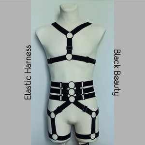 Black Beauty Men Black Elastic harness set, ONE SIZE, adjustable strap harness, Stretch Harness, Cosplay, roleplay, nightclub, lingerie