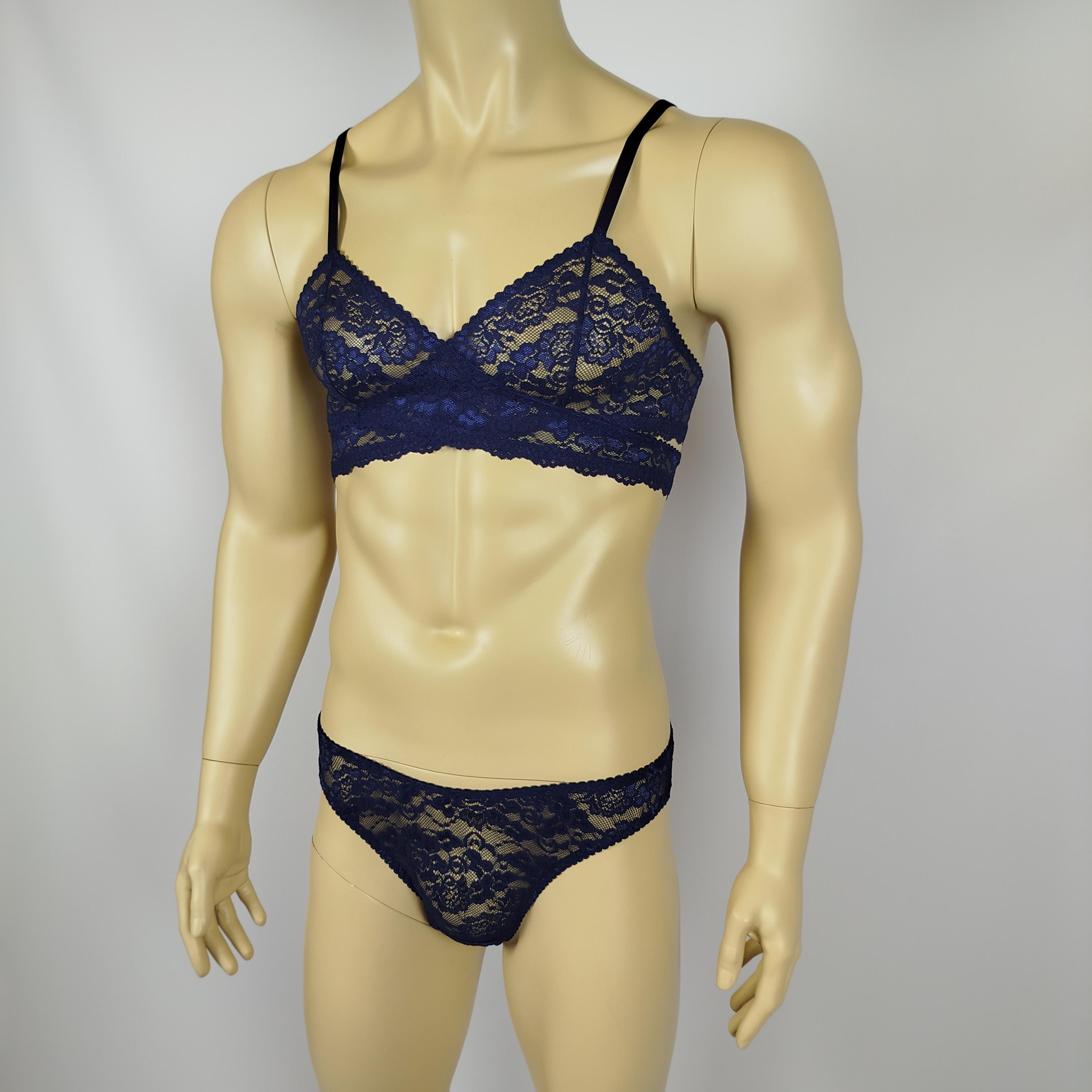 Men Hidden Hugs Set in Midnight Ocean - Lace Soft Cup Bra and Lace