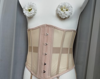 MEN&#39;S Beige Mesh Sheer Steel Bones Underbust Corset, Body Shaper, Underwear Corset, Men Lingerie
