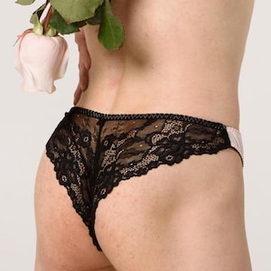 Rose Petal Satin and Lace Mens Crossdresser Cheeky Panty, Black panties for men, Femboy Lingerie, Panties for Sissy, Male Lingerie