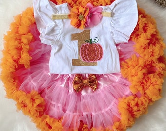 First Birthday outfit -Pumpkin 1st Birthday/Pettiskirt/ Cake smash/Pumpkin Birthday outfit/ Pink Orange/Pink and Gold
