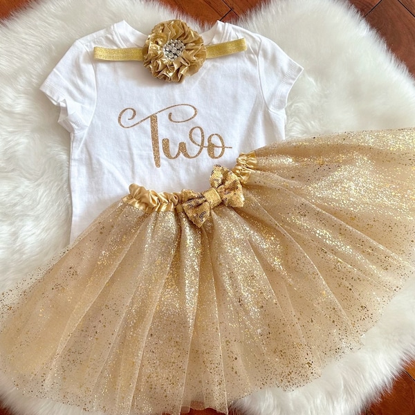 Golden Birthday outfit - Second Birthday/Golden tutu/Golden 2nd Birthday/Golden headband/CakeSmash/ 2nd Birthday outfit