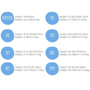 May include: A chart with blue circles showing size and weight recommendations for babies. The chart includes sizes from Preemie to 24 months, with corresponding height and weight ranges in inches and pounds.