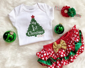 Primer atuendo navideño: primera Navidad de niña, Papá Noel/el mejor regalo, tutú navideño, pantalones bombachos navideños/atuendo navideño para recién nacida.