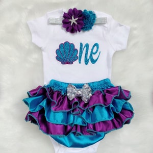 Primeiro aniversário da sereia - Aniversário no fundo do mar/Roxo e azul/Saia de bloomer/Bolo esmagado/Tutu de aniversário/Aniversário de concha