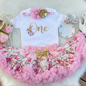Tea Party 1e verjaardag-tuinfeest/eerste verjaardag outfit/vintage bloemen/theekransje/bloemen pettiskirt/cake Smash/1e verjaardag outfit