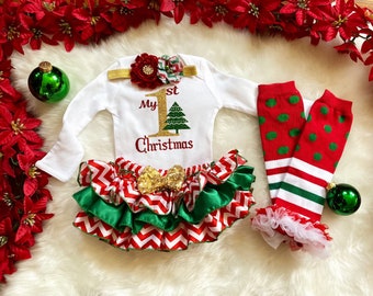 Primer atuendo navideño: primera Navidad de niña, Papá Noel/el mejor regalo, tutú navideño, pantalones bombachos navideños/atuendo navideño para recién nacida.
