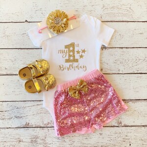 First Birthday outfit -BabyGirl 1st Birthday /Pink Gold Outfit/Sequin Shorts/Birthday Shorts /CakeSmash Outfit