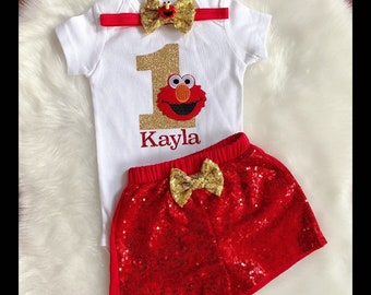 1st Birthday outfit - Red cartoon/Cake Smash outfit, Girl 1st Birthday, Red and Gold/ Sequin Shorts/ , Birthday shorts