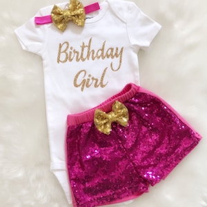 First Birthday outfit -BabyGirl 1st Birthday /My First Birthday /Birthday Girl/Sequin Shorts /Birthday Shorts /CakeSmash Outfit