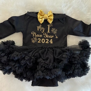 my first new year dress My First New Years Baby Girl Outfit 2024 Happy New Year Letter Print  Sequined Mesh A-Line Dress New Years Eve Clothe