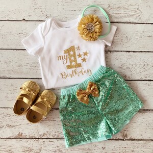 First Birthday outfit -BabyGirl 1st Birthday /Mint Gold Outfit/Sequin Shorts/Birthday Shorts /CakeSmash Outfit/Mint and Gold