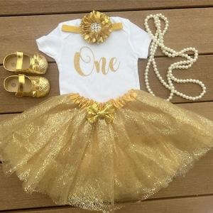 Golden 1st Birthday Outfit: Tutu, Bodysuit & Headband