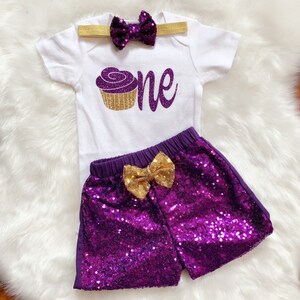 Cupcake First Birthday outfit -BabyGirl 1st Birthday/Purple Gold Outfit/Sequin Shorts/Birthday Shorts /CakeSmash Outfit/Purple and Gold