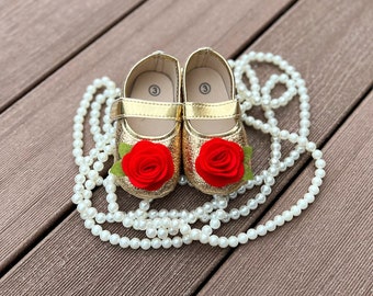 Baby girl shoes - Golden baby shoes, Belle shoes , First birthday shoes , Flower shoes , cake smash , photo prop