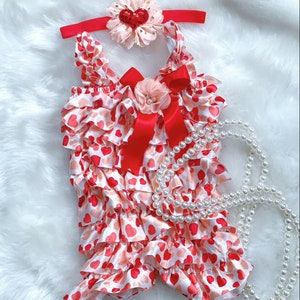 Valentine Romper- Heart Romper/Ruffle romper/Satin Romper/Valentine Birthday/valentine Cake Smash/1st Birthday/1st Valentine’s Day/Newborn