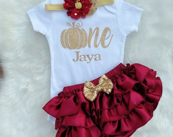 Pumpkin First Birthday -Fall/Pumpkin/Burgundy and Gold /Girl 1st Birthday outfit/CakeSmash,Burgundy Bloomerskirt , Pumpkin Birthday Shirt