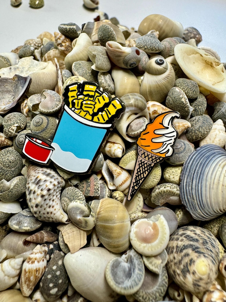 Op de afbeelding: Twee emaillepins die een blauwe en witte container met gele frietjes en een oranje ijshoorn op een bed van schelpen voorstellen.