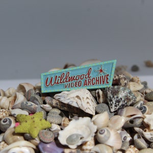 May include: A blue and red enamel pin with the text "Wildwood Video Archive" and a star. The pin is surrounded by seashells.