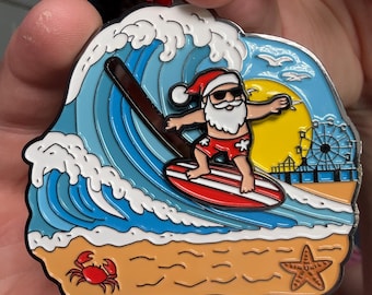 Surfing Santa Christmas Ornament, Moving Santa Beach Ornament, Jersey Shore Christmas Gift, Coastal Christmas Tree Ornament, Surfer Gift
