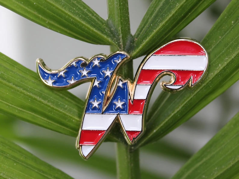 May include: A gold-colored metal pin in the shape of the letter "W". The pin features a patriotic design with blue, white, and red enamel, incorporating stars and stripes. The pin is set against a backdrop of green leaves.