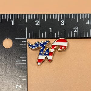 May include: A gold-colored metal pin in the shape of the letter "W". The pin is painted with the American flag design, featuring red and white stripes and blue with white stars. The pin is approximately 1 inch in length.