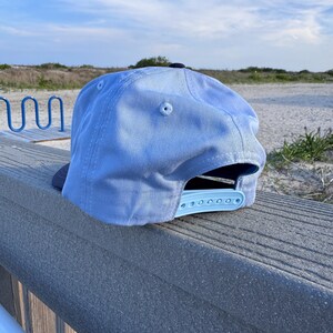 May include: A light blue baseball cap with a dark blue brim and a matching light blue plastic snapback closure. The cap features a structured crown with stitched eyelets and a dark blue button at the top, showcasing a classic six-panel design.