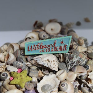 May include: A blue and red enamel pin with the text "Wildwood Video Archive" and a starburst design. The pin is surrounded by a variety of seashells.