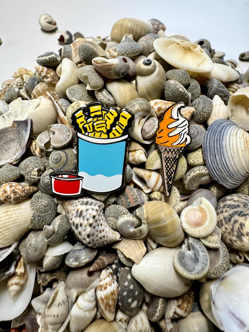 Op de afbeelding: Twee emaillepins op een bed van schelpen. E&eacute;n pin is een blauwe en witte cartoon van een bakje friet met een rood ketchupbakje. De andere pin is een cartoon van een oranje ijshoorn.
