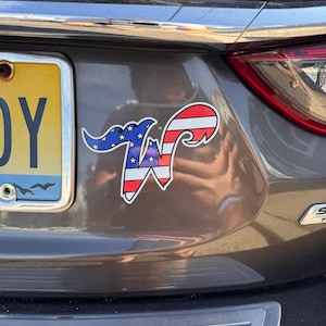 May include: A sticker with a patriotic design, featuring the letter "W" in red and white stripes and blue with white stars. The sticker is affixed to the rear of a gray car.