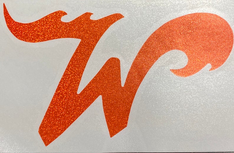May include: Orange glitter vinyl decal of the letter "W" with a stylized, wavy design.
