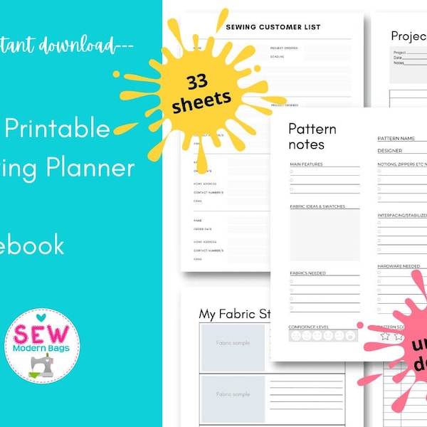 Printable PDF Sewing Journal and Notebook, especially for bag sewers with project pricing worksheet