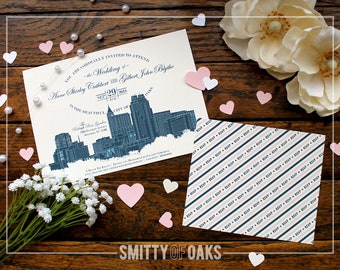 Skyline Wedding Invitation Kit w/ RSVP Postcard // Raleigh, NC // Navy & Blush // 5x7 // PRINTABLE