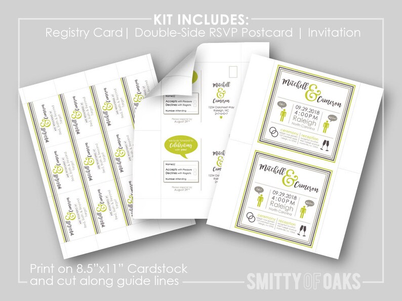Square Wedding Invitation Kit with RSVP Postcard /& Registry Cards Designer Love Color Scheme Custom Simple Fun PRINTABLE