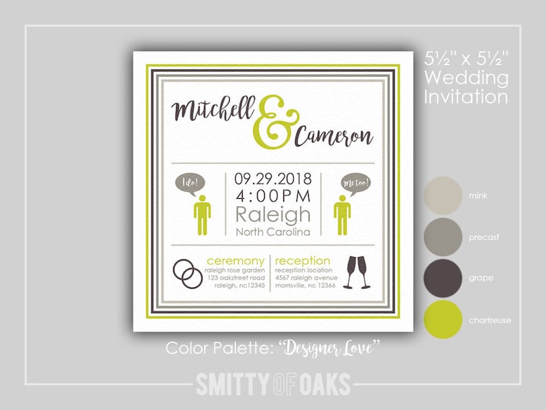 Square Wedding Invitation Kit with RSVP Postcard /& Registry Cards Designer Love Color Scheme Custom Simple Fun PRINTABLE