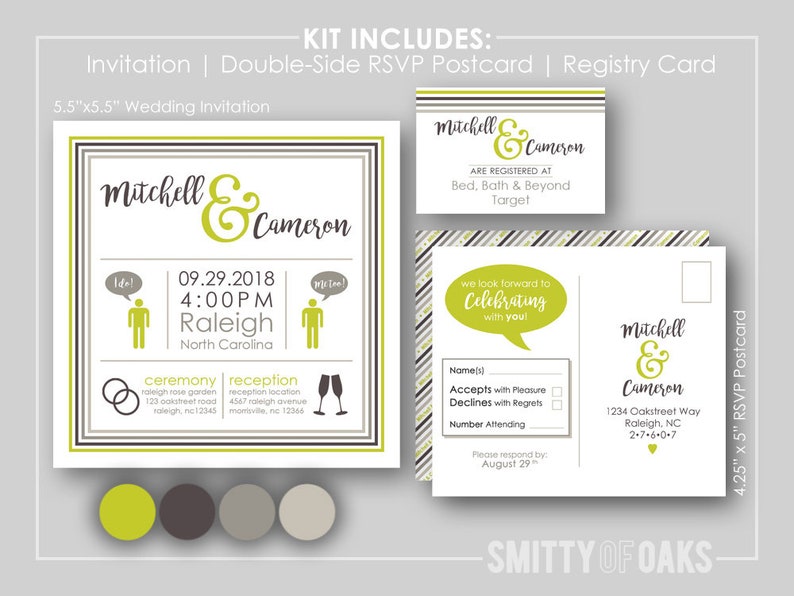 Square Wedding Invitation Kit with RSVP Postcard /& Registry Cards Designer Love Color Scheme Custom Simple Fun PRINTABLE