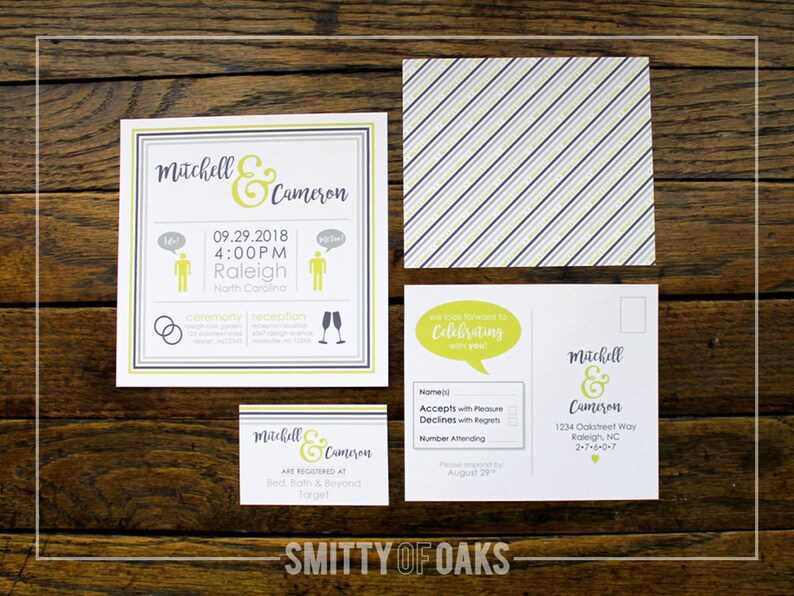 Square Wedding Invitation Kit with RSVP Postcard /& Registry Cards Designer Love Color Scheme Custom Simple Fun PRINTABLE