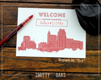 WIFI password PRINTABLE // 5"x7" // Raleigh, North Carolina Skyline // Sans Serif Font