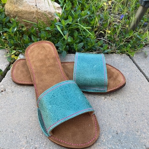 Handcrafted Teal and Brown Leather Sandals