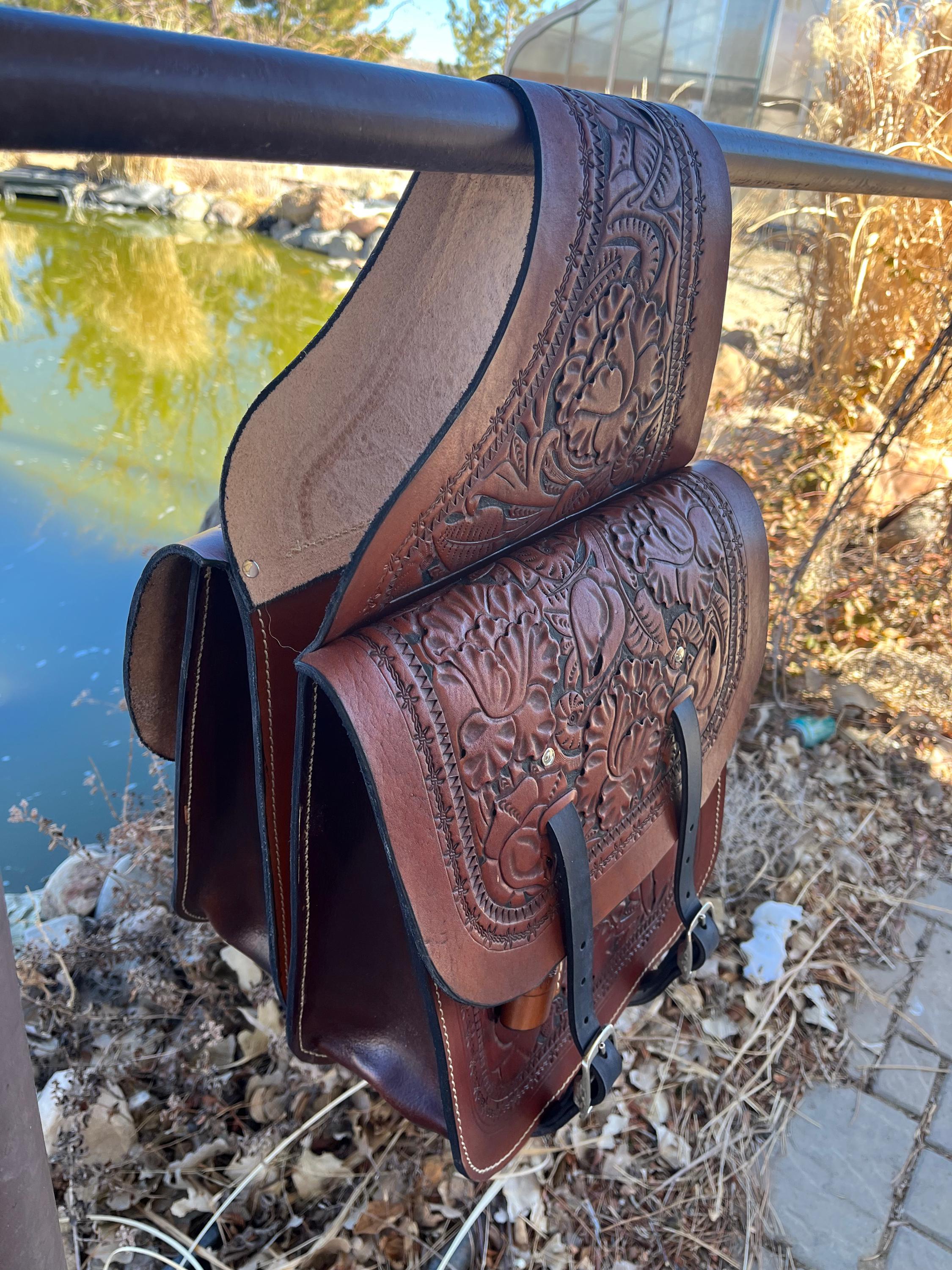 Floral Tooled Leather Holster Saddle Bags