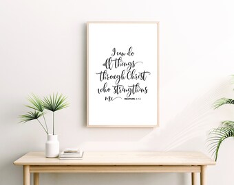 Philippians 4:13 - Digital download pintable wall art for your prayer space, Bible verse inspirational scripture print for bedroom or office