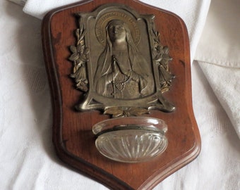 Vintage French Our Lady Holy Water font. Metal on wood, made by Emile Dropsy