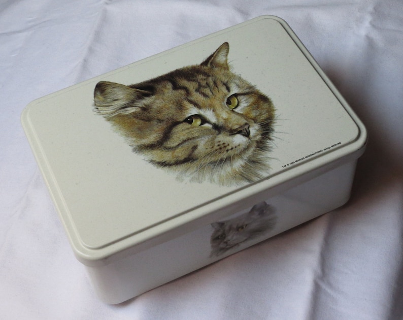Vintage cat tin by Merline Rectangular metal box made for Marlex International Massilly France 1984