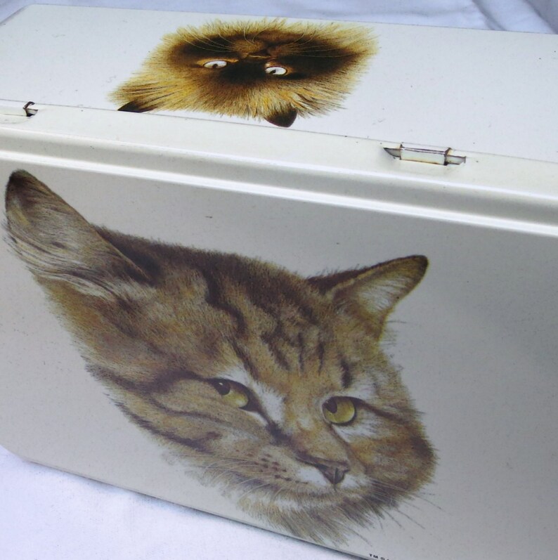 Vintage cat tin by Merline Rectangular metal box made for Marlex International Massilly France 1984