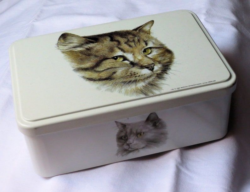 Vintage cat tin by Merline Rectangular metal box made for Marlex International Massilly France 1984