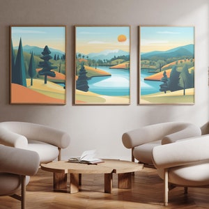 May include: Three framed landscape paintings with a stylized, geometric design. The paintings depict a lake, mountains, and trees in shades of blue, green, and orange.