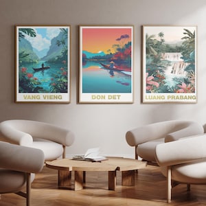 Laos | Vang Vieng - Don Det - Luang Prabang - Lot de 3 - Affiches photo imprimées - Impression d'art de voyage - Lot de trois - oeuvres d'art murales | Un
