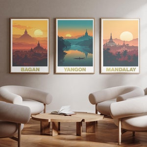 Myanmar (Burma) |Bagan - Yangon - Mandalay | photo print posters - Travel art print - Set of three - wall art | A